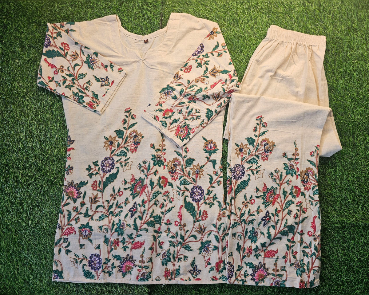 Pure Cotton Co Ord Set for Women l Flower & Leaf Pattern Set l 3/4 Sleeve Co Ord Set