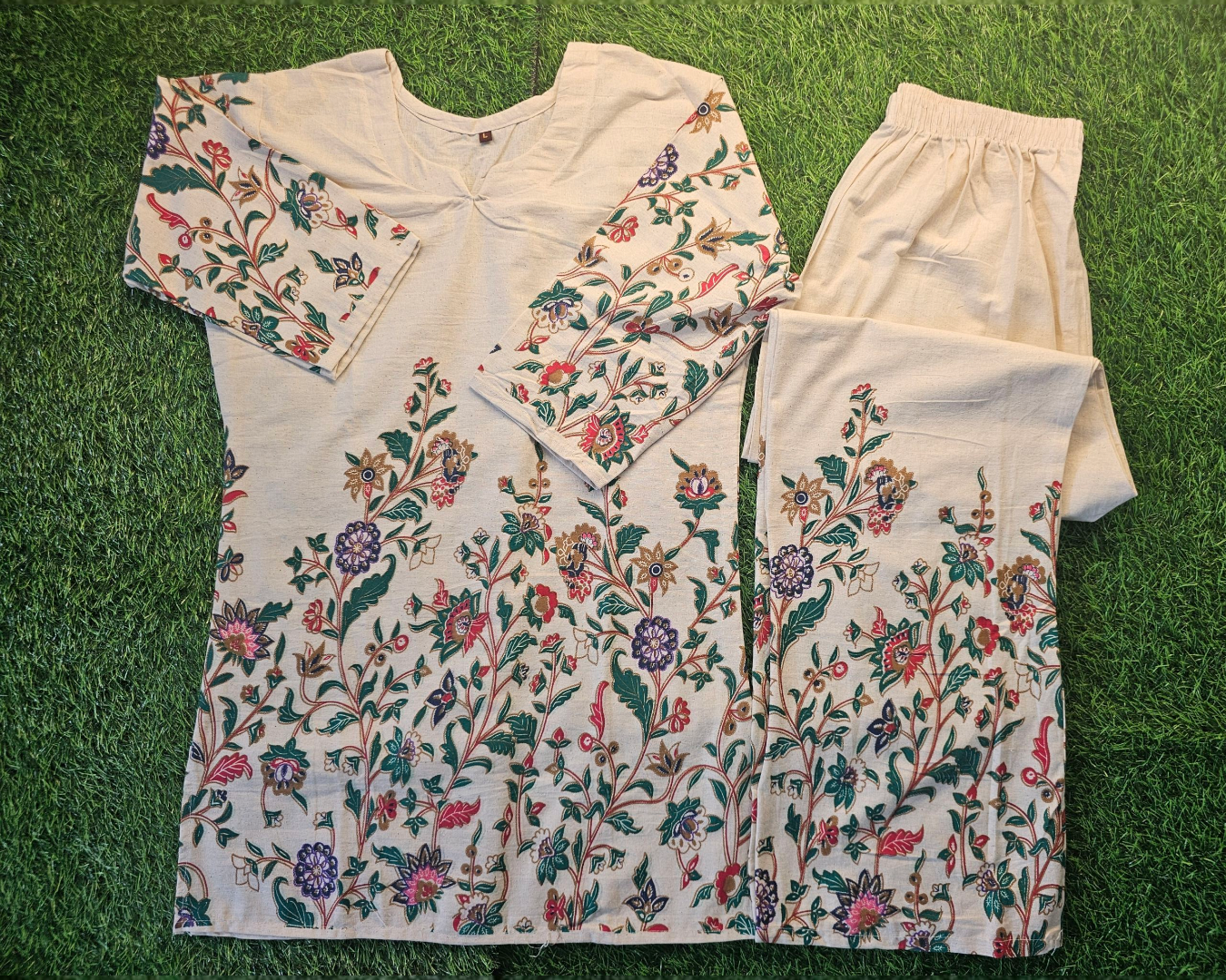 Pure Cotton Co Ord Set for Women l Flower & Leaf Pattern Set l 3/4 Sleeve Co Ord Set